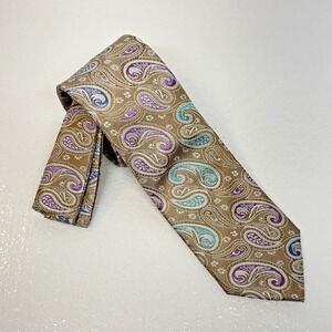 Setazone Paisley Silk Tie Mens OS Tan Purple Blue Woven Hand Made Classic Dandy
